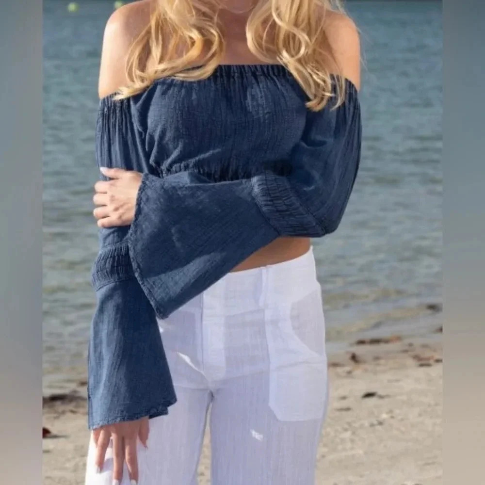 Natural Cotton FLARE MIDNIGHT BLUE OFF-SHOULDER cropped top long sleeve size M - Picture 4 of 16